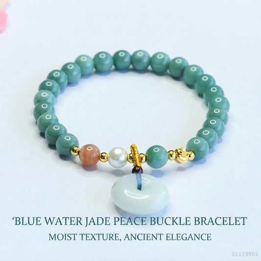 Blue Water Jadeite Jade Beaded Bracelet with Ping An Kou Dangle Charm