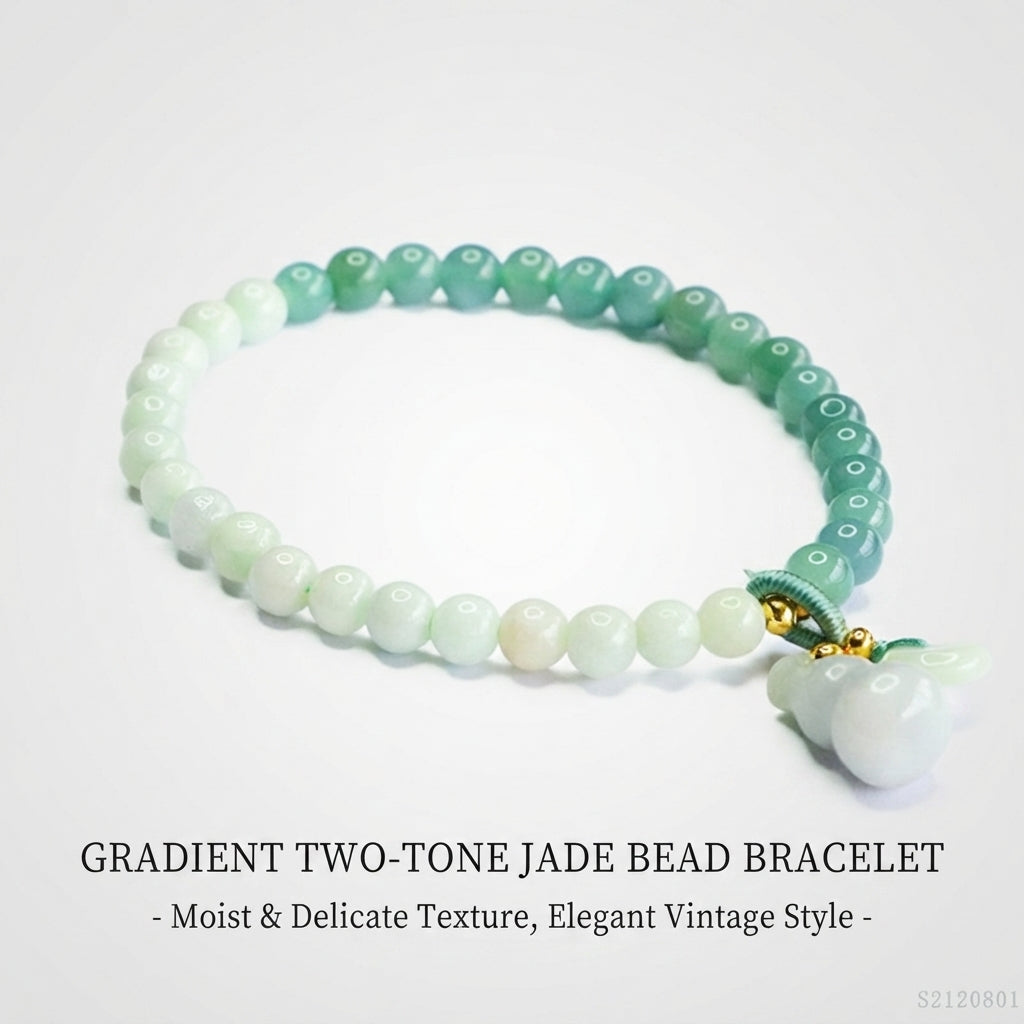 Gradient Green Jadeite Jade Beaded Bracelet with Gourd Charm