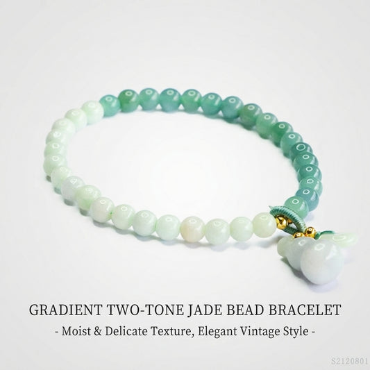 Gradient Green Jadeite Jade Beaded Bracelet with Gourd Charm