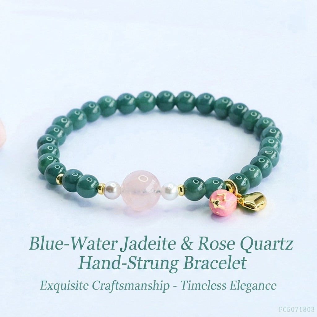 Blue Water Jadeite Jade and Rose Quartz Beaded Bracelet with Enamel Charm