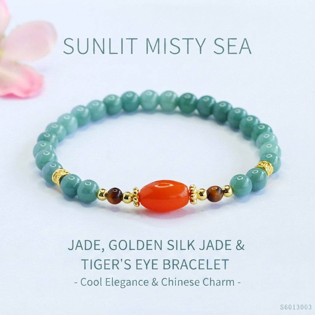 Blue Jadeite Jade Stretch Bracelet with Red Silk Agate & Tiger's Eye