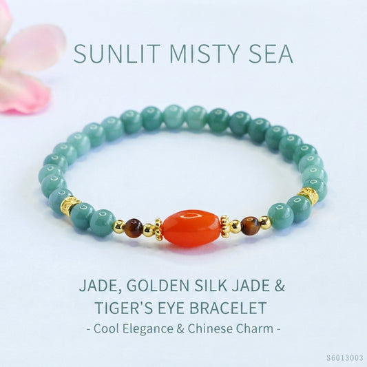 Blue Jadeite Jade Stretch Bracelet with Red Silk Agate & Tiger's Eye
