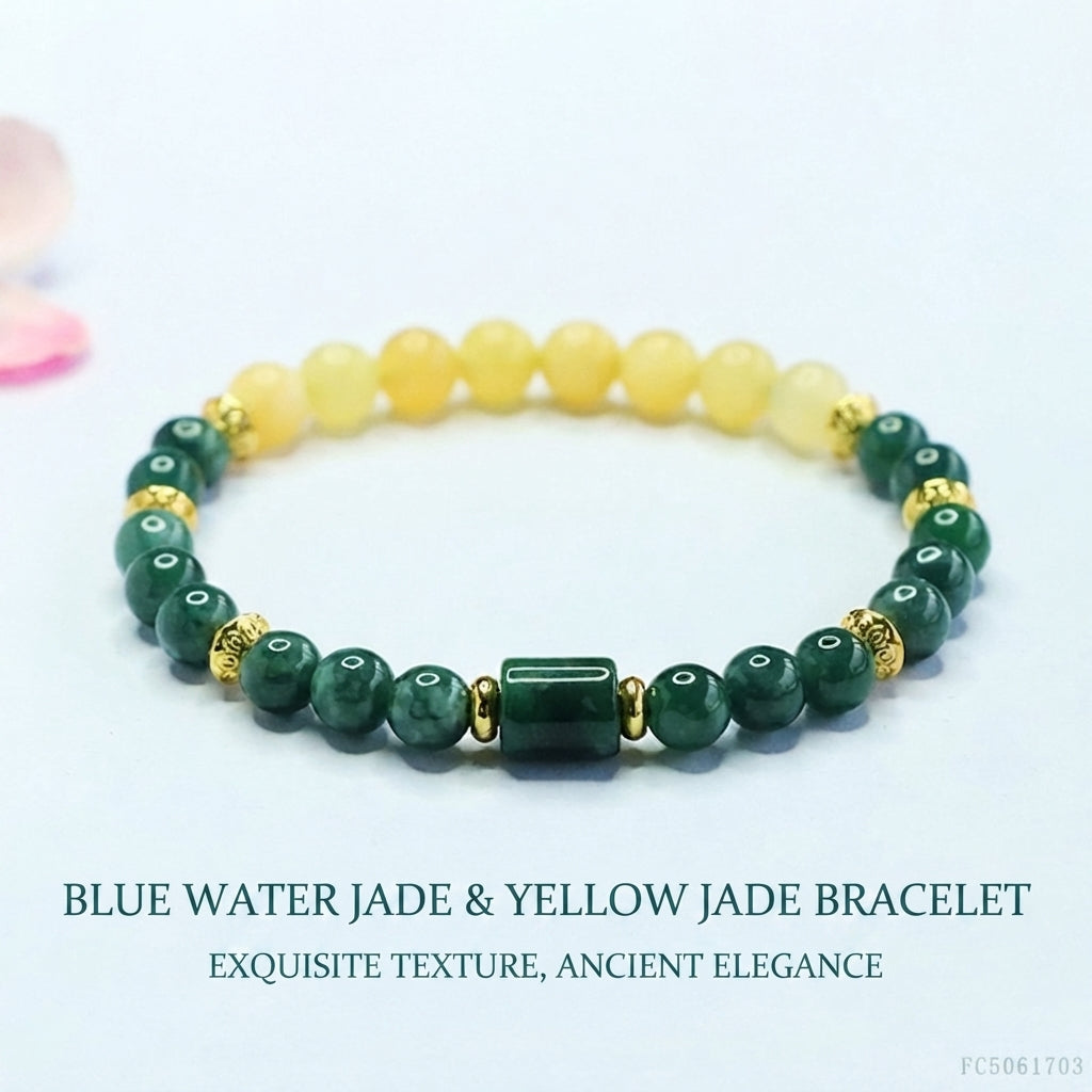 Blue Water Jadeite Jade and Yellow Jade Beaded Bracelet with Barrel Accent