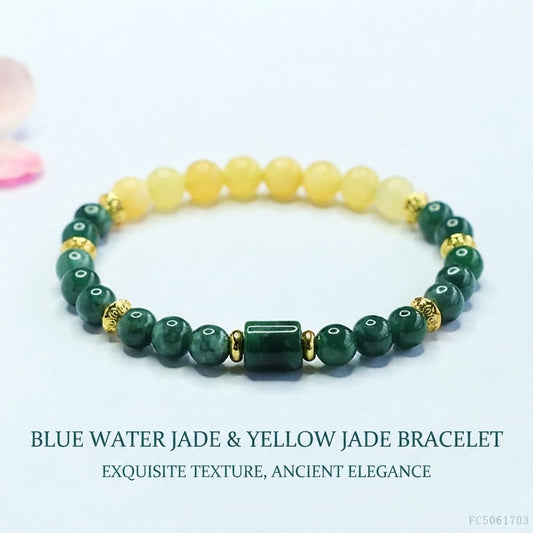 Blue Water Jadeite Jade and Yellow Jade Beaded Bracelet with Barrel Accent