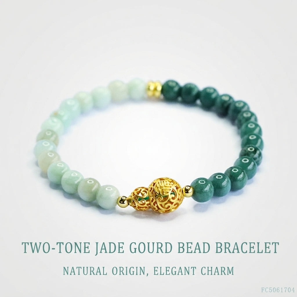 Two-Tone Jadeite Jade Beaded Bracelet with Hollow-Out Gourd Charm