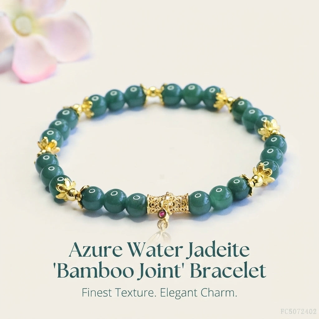 Blue Water Jadeite Jade Bamboo Beaded Bracelet with Dangle Charm