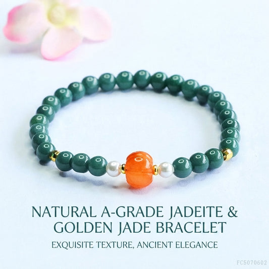 Blue Water Jadeite Jade Pumpkin Beaded Bracelet with Pearl Accents