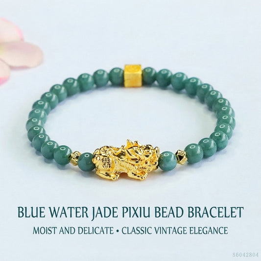 Blue Water Jadeite Jade Beaded Bracelet with Gold-Tone Pi Xiu Centerpiece