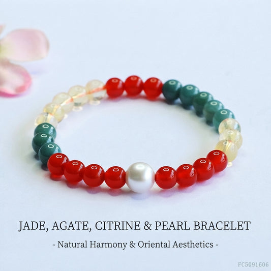 Blue Water Jadeite Jade, Red Agate, Citrine, and White Shell Pearl Beaded Bracelet