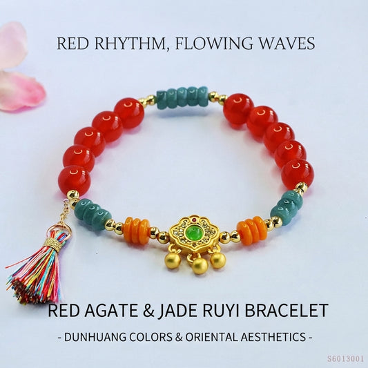 Red Agate and Blue Water Jadeite Jade Ruyi Beaded Stretch Bracelet with Tassel Charm