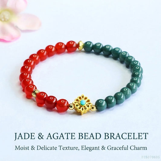 Blue Water Jadeite Jade & Red Agate Bracelet with Gold-tone Flower Accent