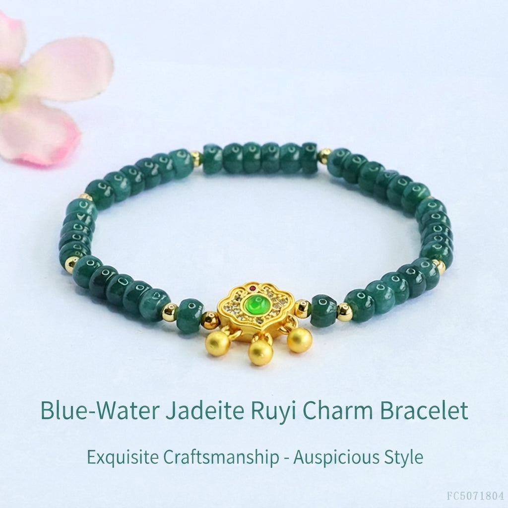 Blue Water Jadeite Jade Abacus Bead Bracelet with Ruyi Lock Pendant
