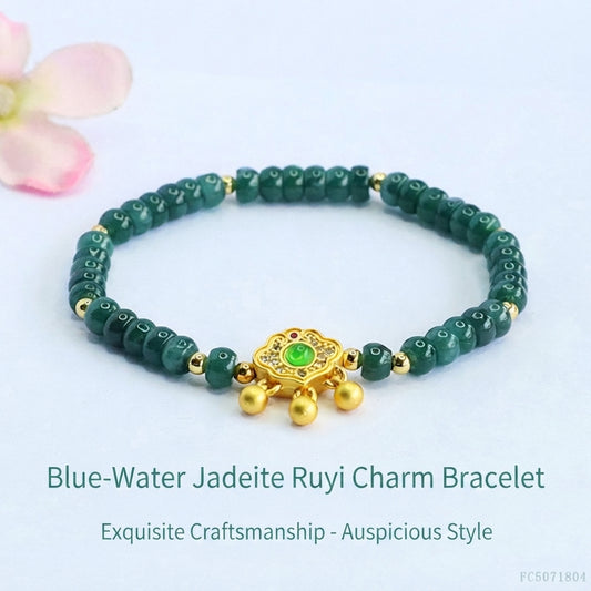 Blue Water Jadeite Jade Abacus Bead Bracelet with Ruyi Lock Pendant