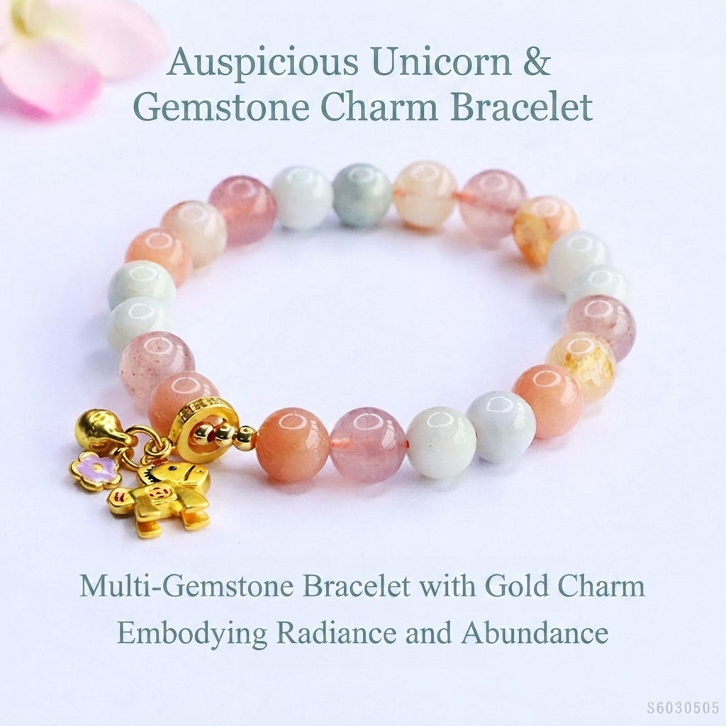 Burmese Grade A Jadeite and Strawberry Quartz Multi-Gemstone Beaded Bracelet with Horse Charm