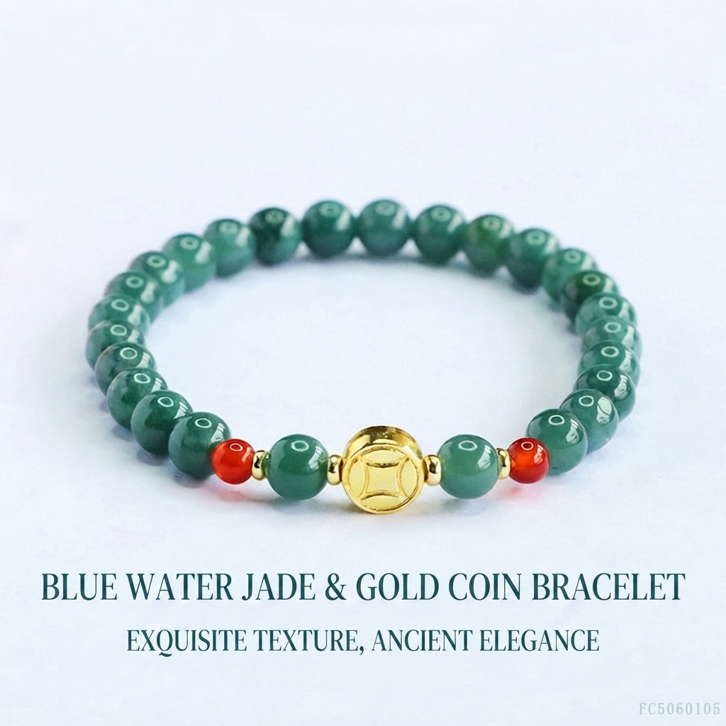 Blue Jadeite Jade & Red Agate Bracelet with Gold-Tone Coin Charm