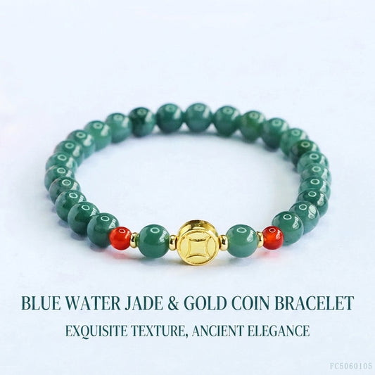 Blue Jadeite Jade & Red Agate Bracelet with Gold-Tone Coin Charm