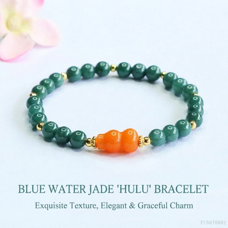 Blue Water Jadeite Jade Beaded Bracelet with Orange Jinsiyu Gourd Accent