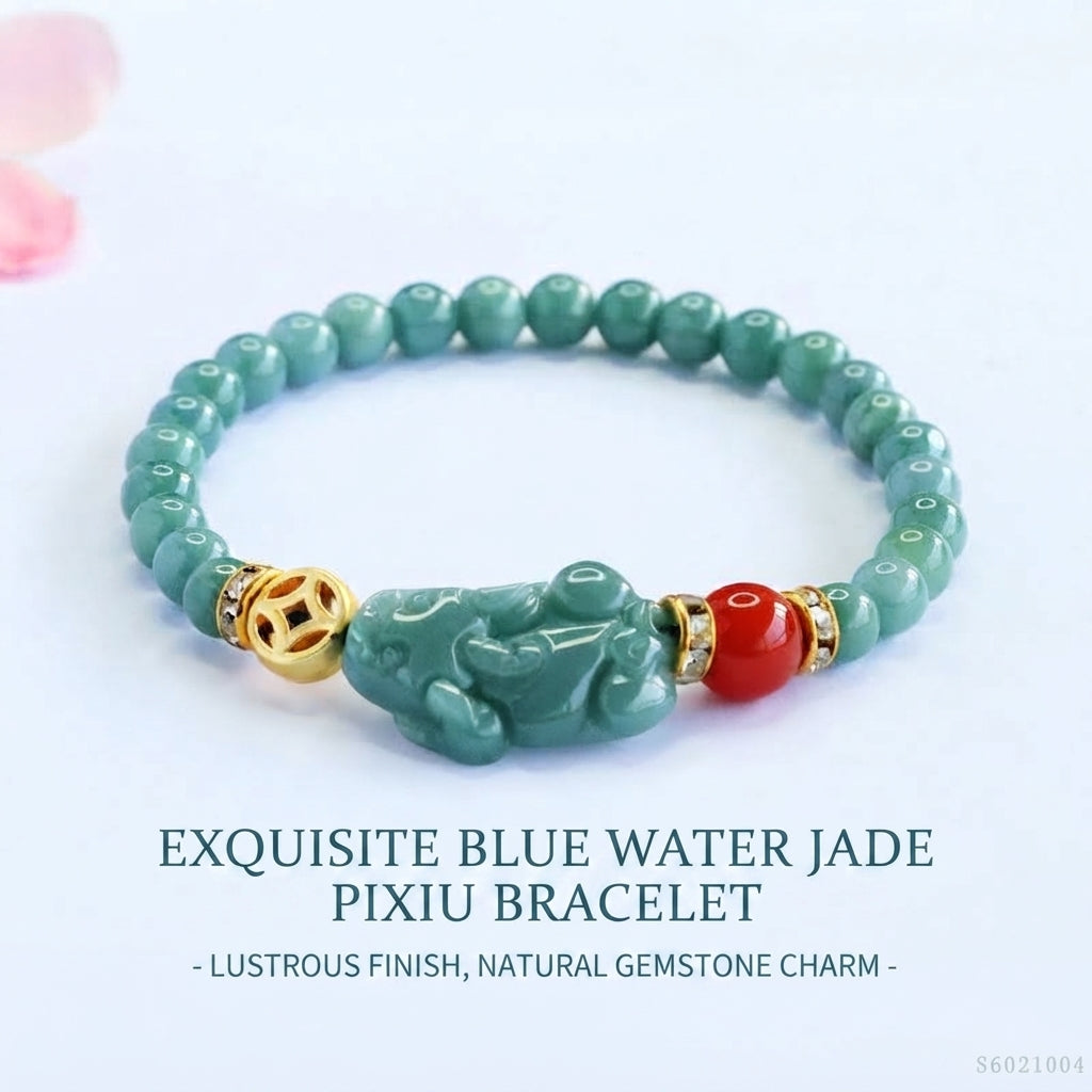 Blue Water Jadeite Jade Pi Xiu and Red Agate Beaded Bracelet
