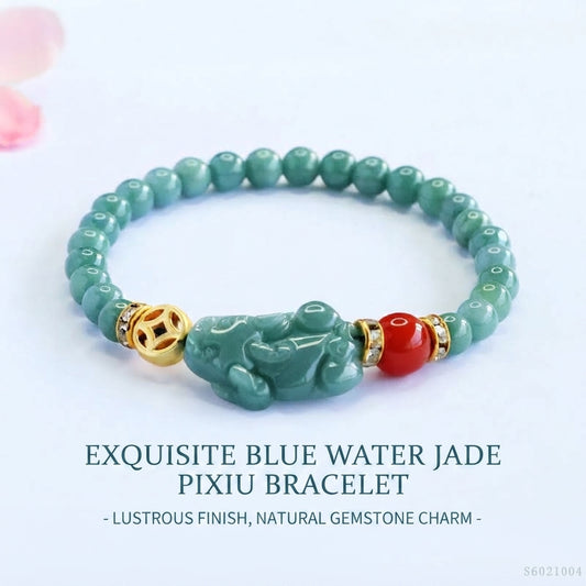 Blue Water Jadeite Jade Pi Xiu and Red Agate Beaded Bracelet
