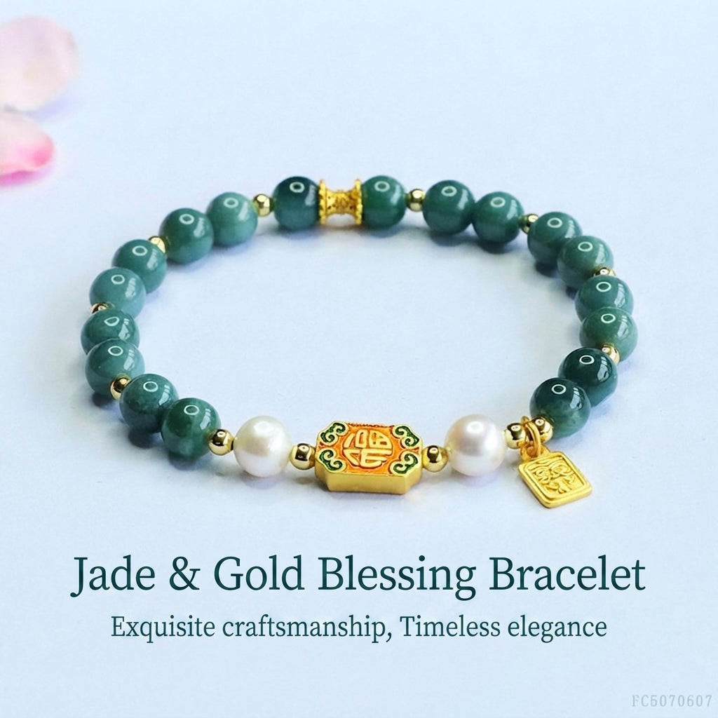 Blue Water Jadeite Jade and Pearl Beaded Bracelet with "Fu" Wealth Charm