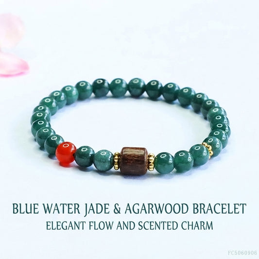 Blue Water Jadeite Jade and Agarwood Beaded Bracelet with Red Agate Accent