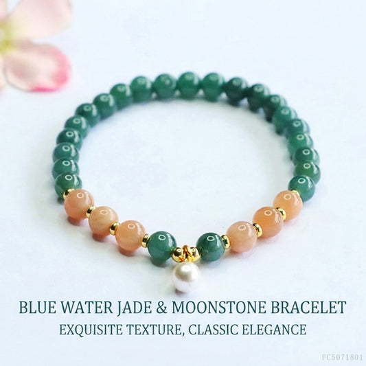 Blue Water Jadeite Jade and Orange Moonstone Beaded Bracelet with Pearl Dangle Charm