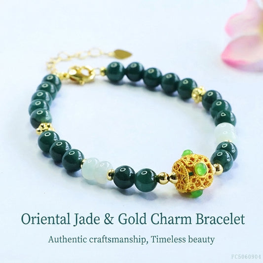 Blue Water Jadeite Jade Beaded Bracelet with Filigree Ball Charm