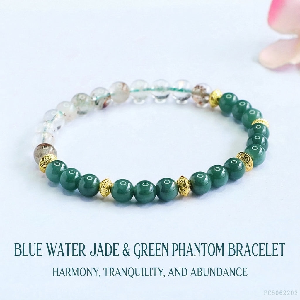 Blue Water Jadeite Jade and Green Phantom Quartz Beaded Bracelet