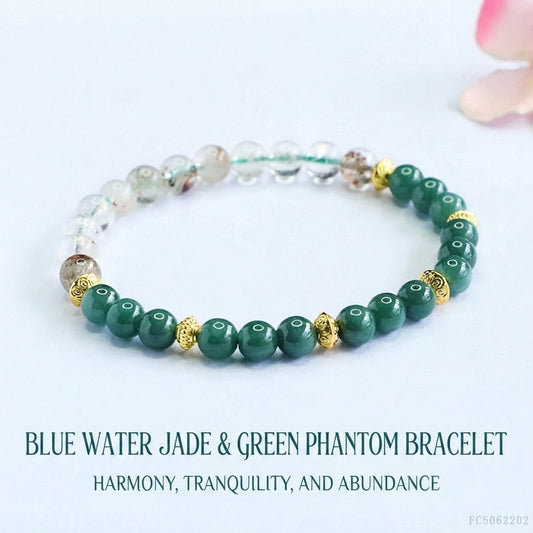 Blue Water Jadeite Jade and Green Phantom Quartz Beaded Bracelet