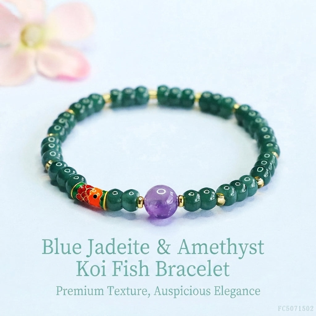 Blue Water Jadeite and Amethyst Beaded Bracelet with Koi Fish Accent