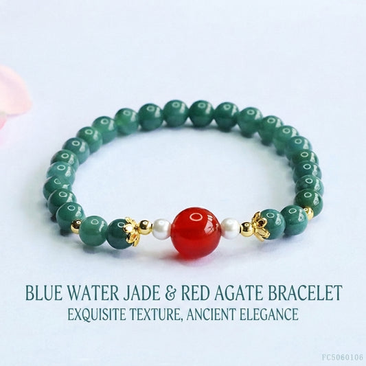 Blue Water Jadeite Jade and Red Agate Beaded Bracelet with Pearl Accents