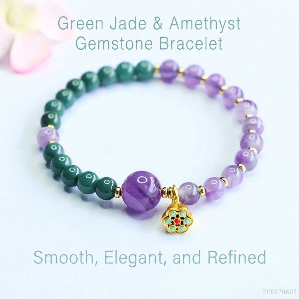 Blue Water Jadeite Jade and Amethyst Beaded Bracelet with Enamel Charm