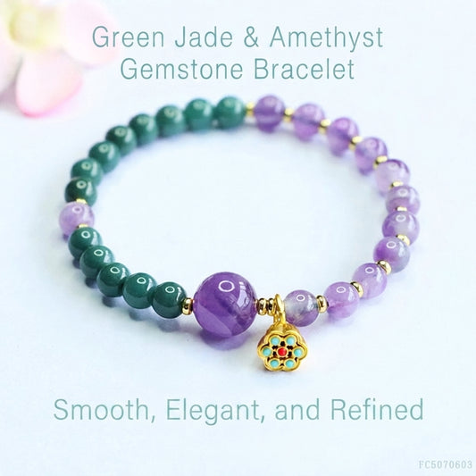 Blue Water Jadeite Jade and Amethyst Beaded Bracelet with Enamel Charm