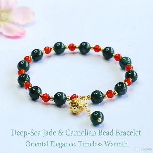 Blue Water Jadeite Jade and Red Agate Beaded Bracelet with Filigree Charm