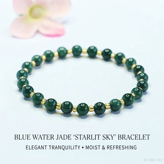 Blue Water Jadeite Jade Beaded Bracelet with Gold-Tone Spacers