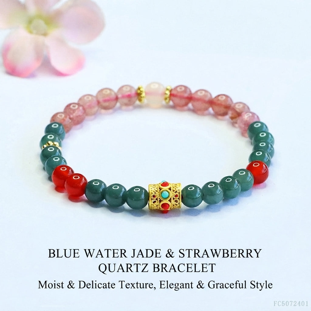 Blue Water Jadeite Jade and Strawberry Quartz Beaded Bracelet with Ornate Gold-Tone Tube Accent