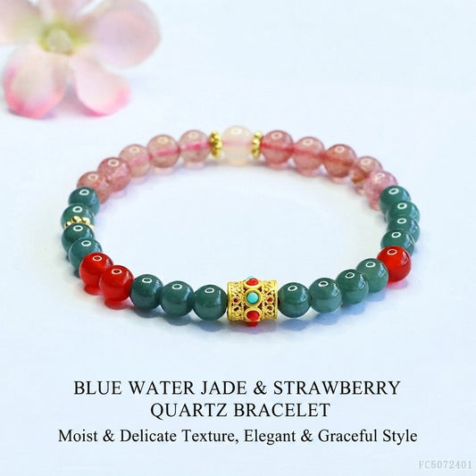 Blue Water Jadeite Jade and Strawberry Quartz Beaded Bracelet with Ornate Gold-Tone Tube Accent