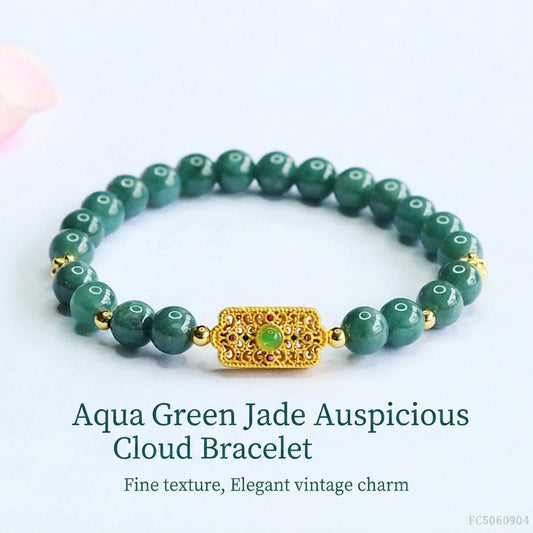 Blue Water Jadeite Jade Beaded Bracelet with Filigree Rectangular Charm