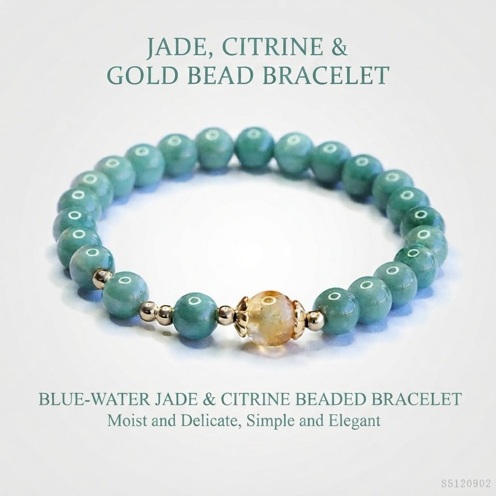 Blue Water Jadeite Jade Beaded Bracelet with Yellow Phantom Quartz Accent
