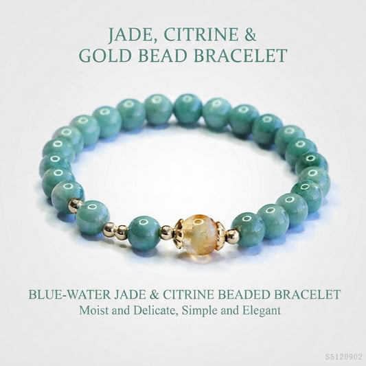 Blue Water Jadeite Jade Beaded Bracelet with Yellow Phantom Quartz Accent