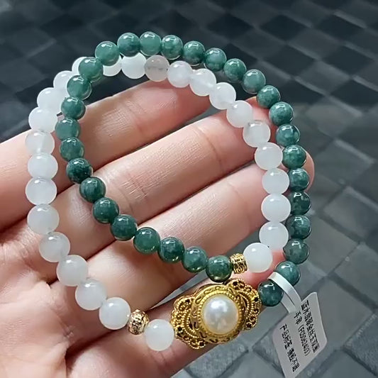 Blue Water Jadeite Jade and White Jadeite Double-Strand Bracelet with Pearl Centerpiece